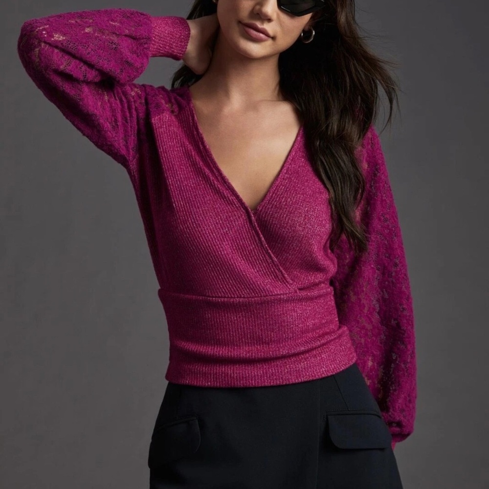 Anthropologie Viscose Pink Wrap V-neck Sweater Lace Sleeves
